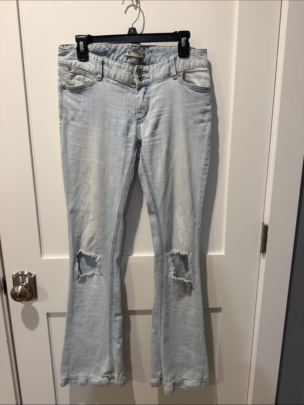 Free People Mid-Rise Light Wash Flare Jeans with Knee Distressing